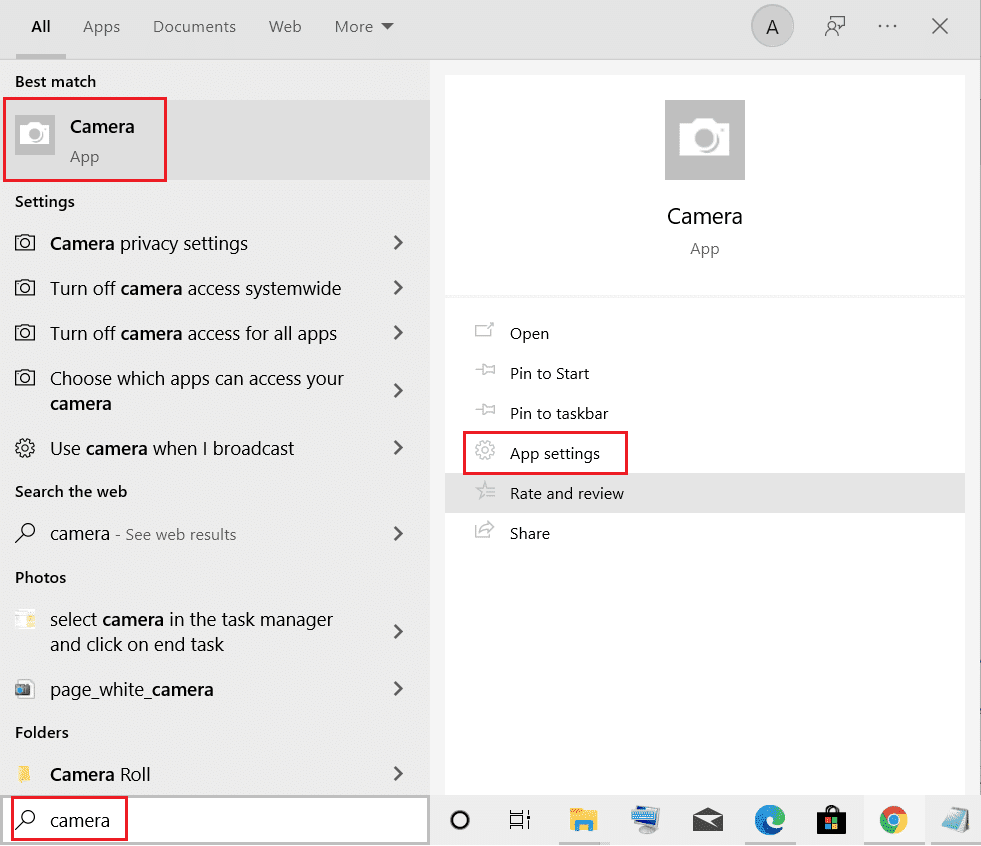 vyberte nastavení aplikace v možnosti aplikace Fotoaparát v nabídce vyhledávání systému Windows