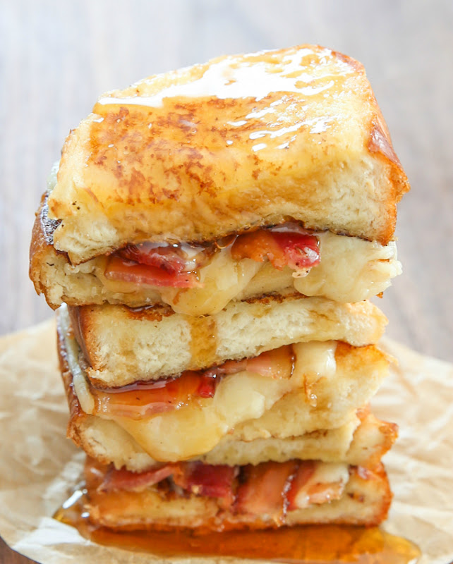 close-up photo of a stack of french toast grilled cheese sandwiches with syrup