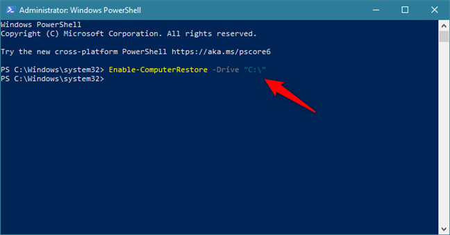 使用 PowerShell 中的命令在 C: 驱动器上启用系统还原