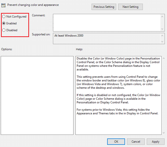 Pour empêcher le changement de couleur et d'apparence dans Windows 10, cochez Activé