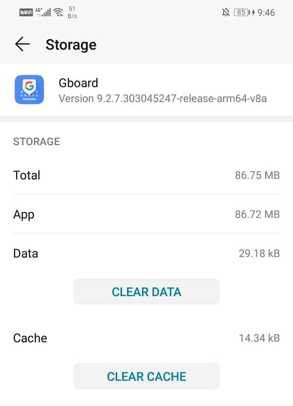 Apri la sezione Archiviazione per cancellare i dati e svuotare la cache nell'app Gboard