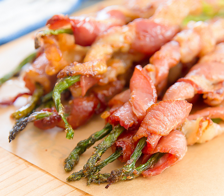 close-up photo of bacon wrapped asparagus