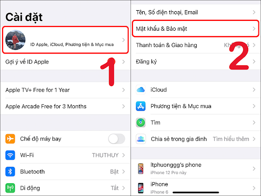 Chọn Mật khẩu & Bảo mật trong phần tài khoản ID Apple