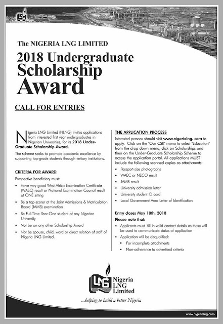 NLNG Scholarship Program For Nigerian Undergraduate Students - 2018