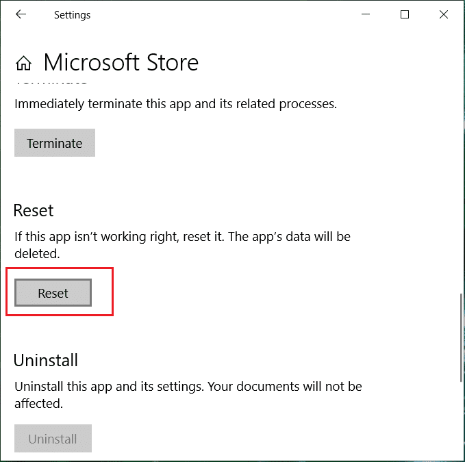 Klik op Reset om de Windows Store opnieuw in te stellen