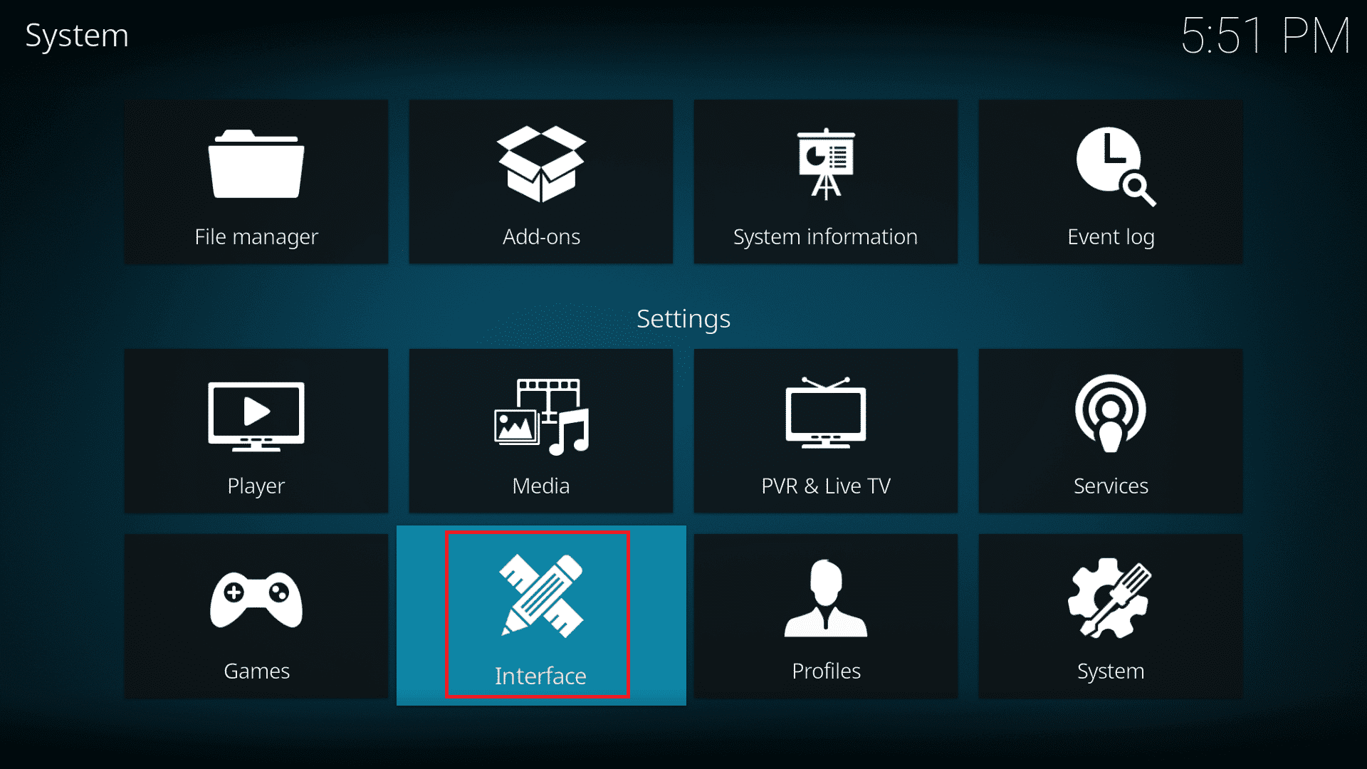 เลือกการตั้งค่าส่วนต่อประสานในแอพ Kodi