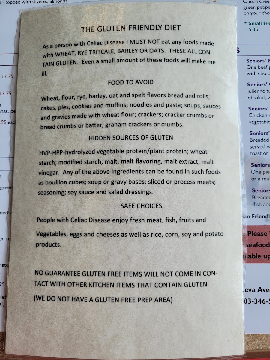 Glenn's Restaurant & Gift Shop gluten-free menu