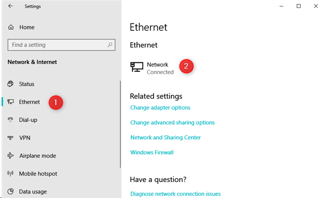 Раздел Ethernet в настройках Windows 10