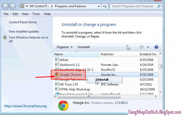 tiến hành gỡ chrome