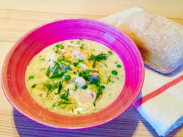Salmon and cod chowder with lemon and dill