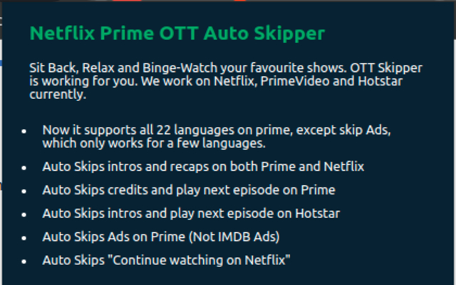 Netflix Prime OTT Auto Skipper chrome extension