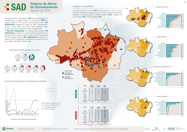 Imazon's SAD bulletin on deforestation in the Brazilian Amazon for August 2018. In August 2018, 545 km² of deforestation were detected by SAD (deforestation alert system) in the Amazon rainforest. This number represents an increase of 199 percent over the same month of the previous year. Graphic: Imazon