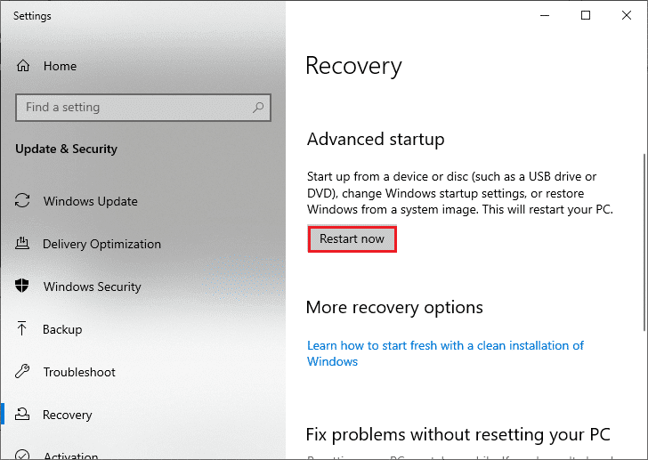 单击高级启动下的立即重新启动选项，如图所示。 修复 Windows 10 更新错误 0x80072ee7