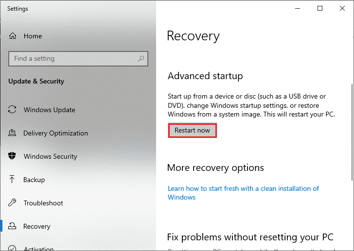 cliquez sur l'option Redémarrer maintenant sous Démarrage avancé, comme indiqué.  Correction de l'erreur de mise à jour Windows 10 0x80072ee7