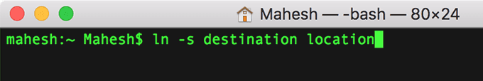 Terminalvenster met opdracht: ln -s bestemmingslocatie