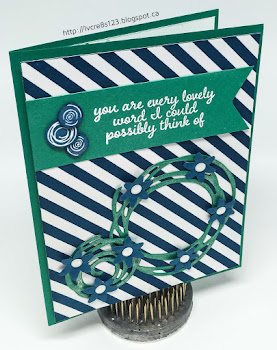 Linda Vich Creates: Swirly Bird Meets Love & Affection. Swirly Bird stamps and matching dies are combined with angled stripes in this Emerald Envy and Dapper Denim color-schemed card.