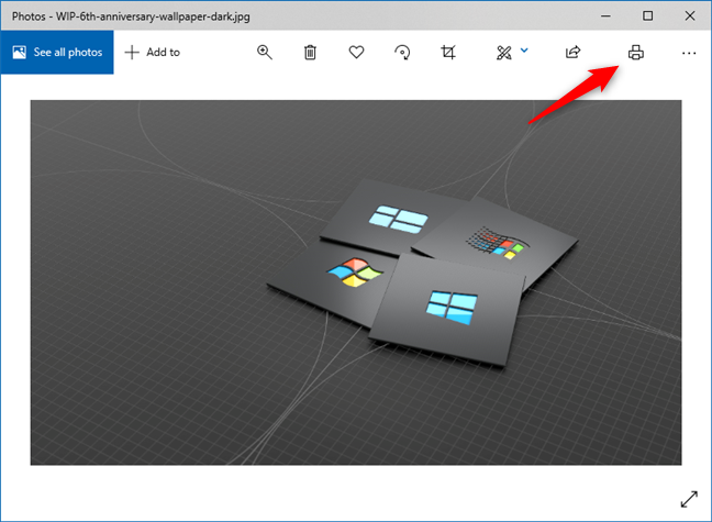 Il pulsante Stampa dall'app Foto di Windows 10