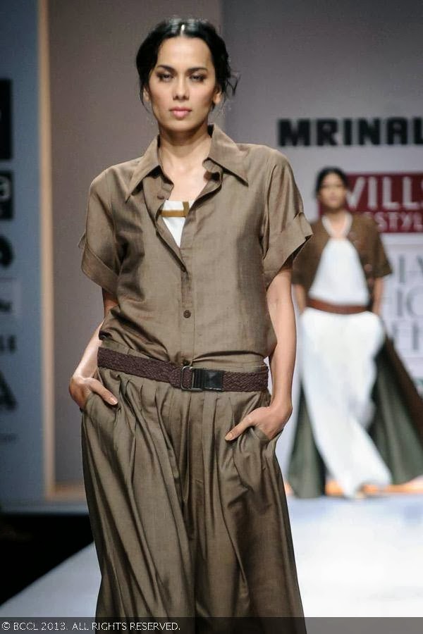 Sonalika Sahay flaunts a creation by fashion designer Mrinalini on Day 3 of Wills Lifestyle India Fashion Week (WIFW) Spring/Summer 2014, held in Delhi.