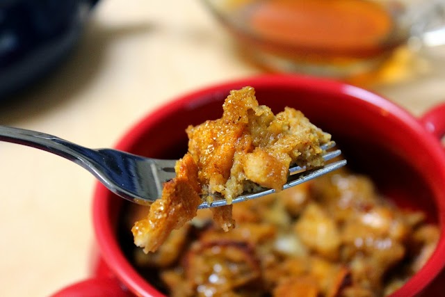 A bite of pumpkin french toast.