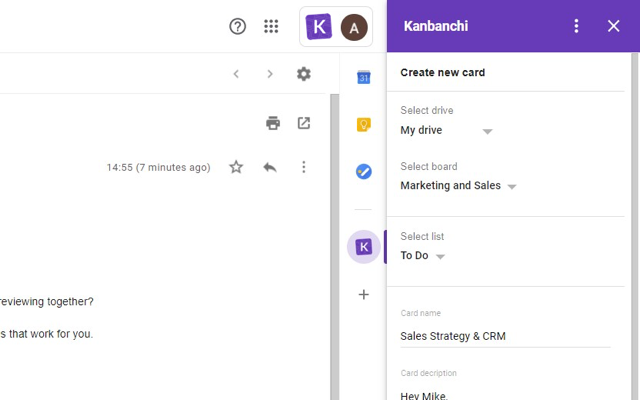 Screenshot of Email to task on a Kanban board