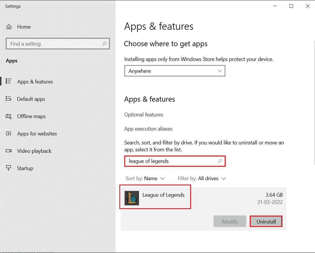 odinstalujte League of legends prostřednictvím aplikací a funkcí