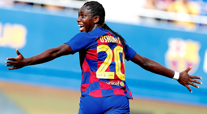 Oshoala models new Barca 2020/2021 kits