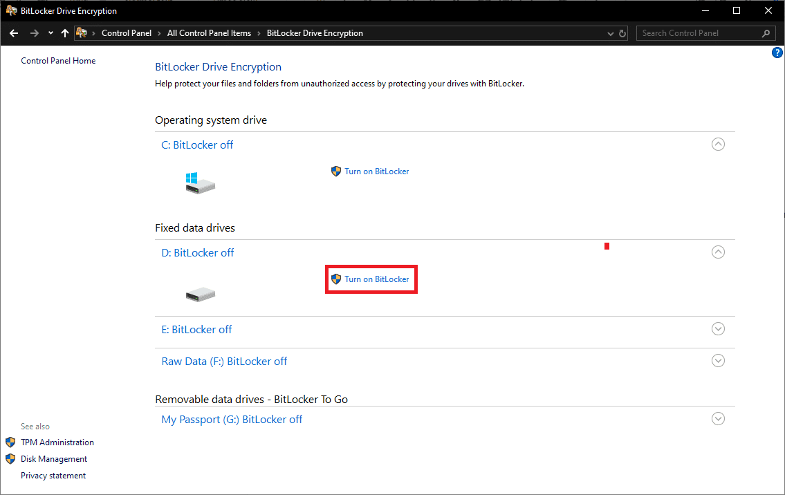 Para permitir que Bitlocker haga clic en el hipervínculo Activar Bitlocker