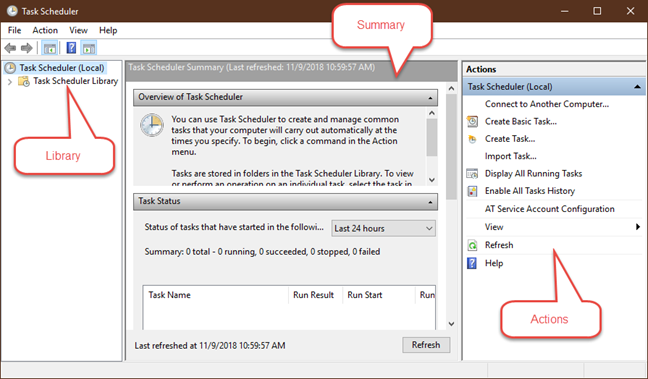 Eerste panelen van Taakplanner in Windows