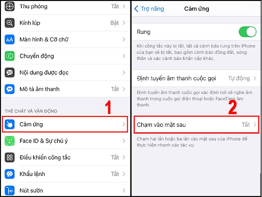 Vào Cài đặt, chọn phần Cảm ứng để thiết lập cảm ứng mặt sau của iPhone