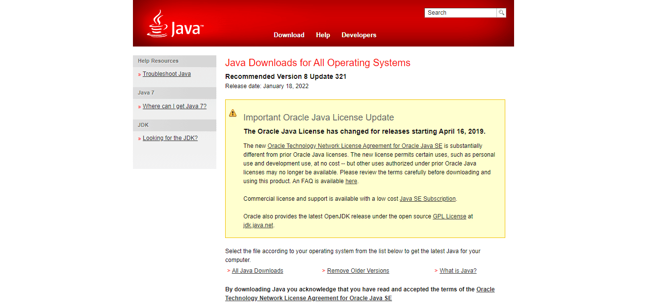 Java公式ウェブサイトを開きます。 Windows10でJARファイルを開く方法