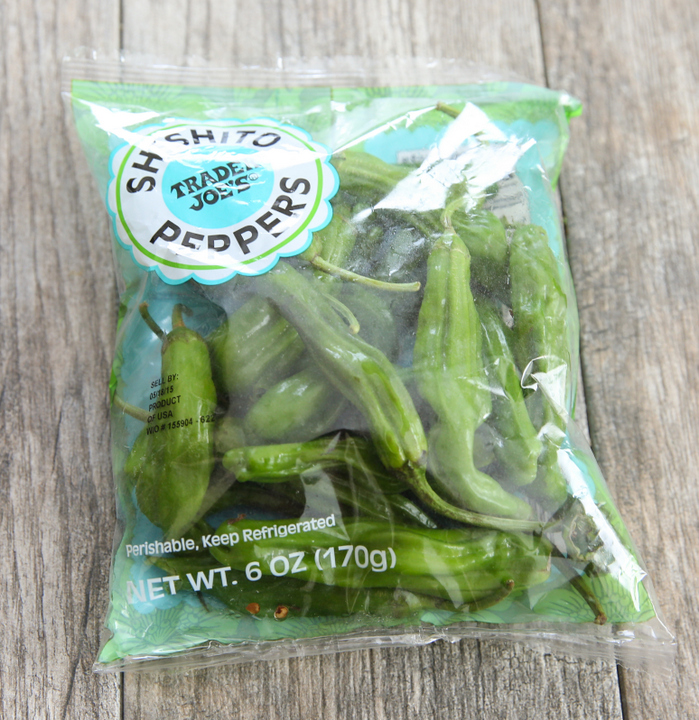 overhead photo of a bag of Shishito Peppers