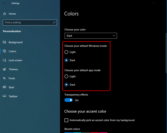 Une autre façon d'activer le mode sombre dans Windows 10