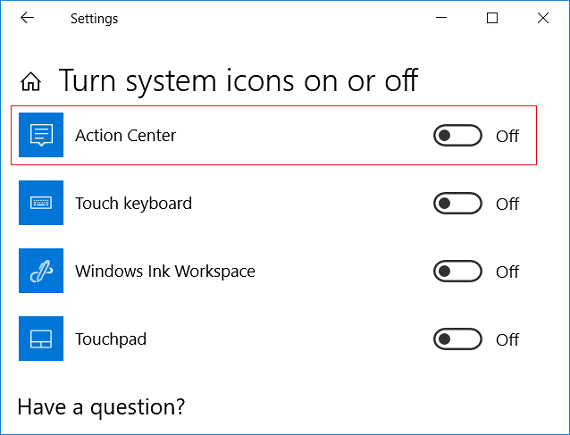 Windows10でアクションセンターを有効または無効にする