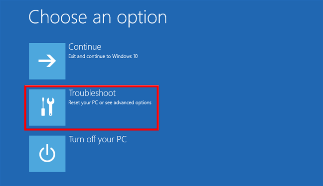 Para acceder al modo seguro de Windows 10, seleccione Solucionar problemas