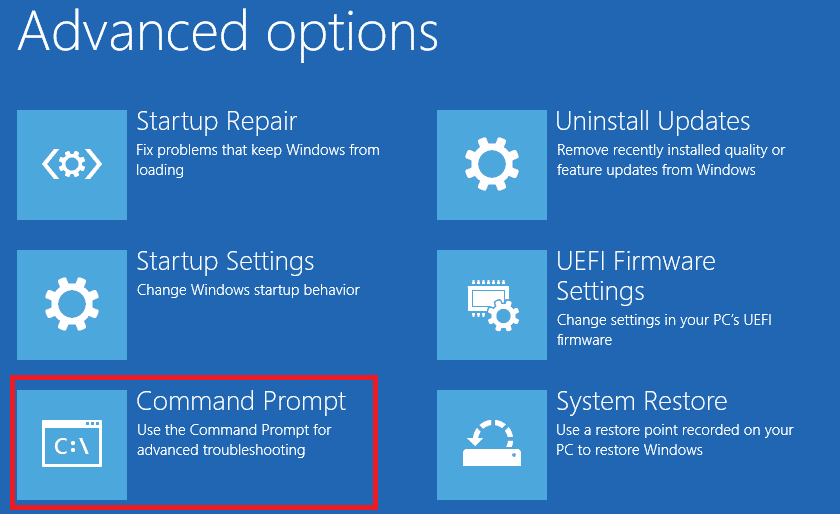 [コマンドプロンプト]を選択します。 準備ができていないWindowsを修正する