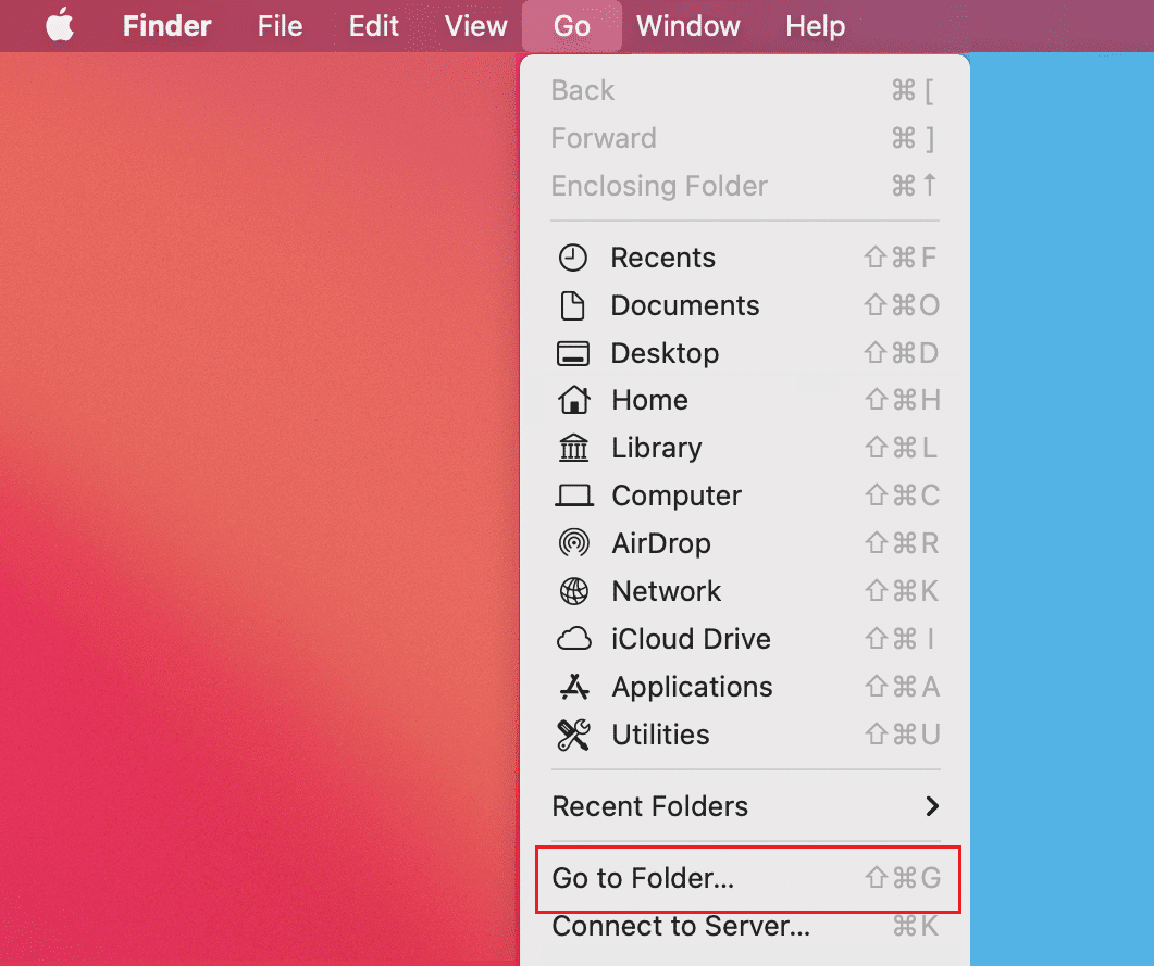 Fare clic su Finder e selezionare Vai, quindi fare clic su Vai alla cartella