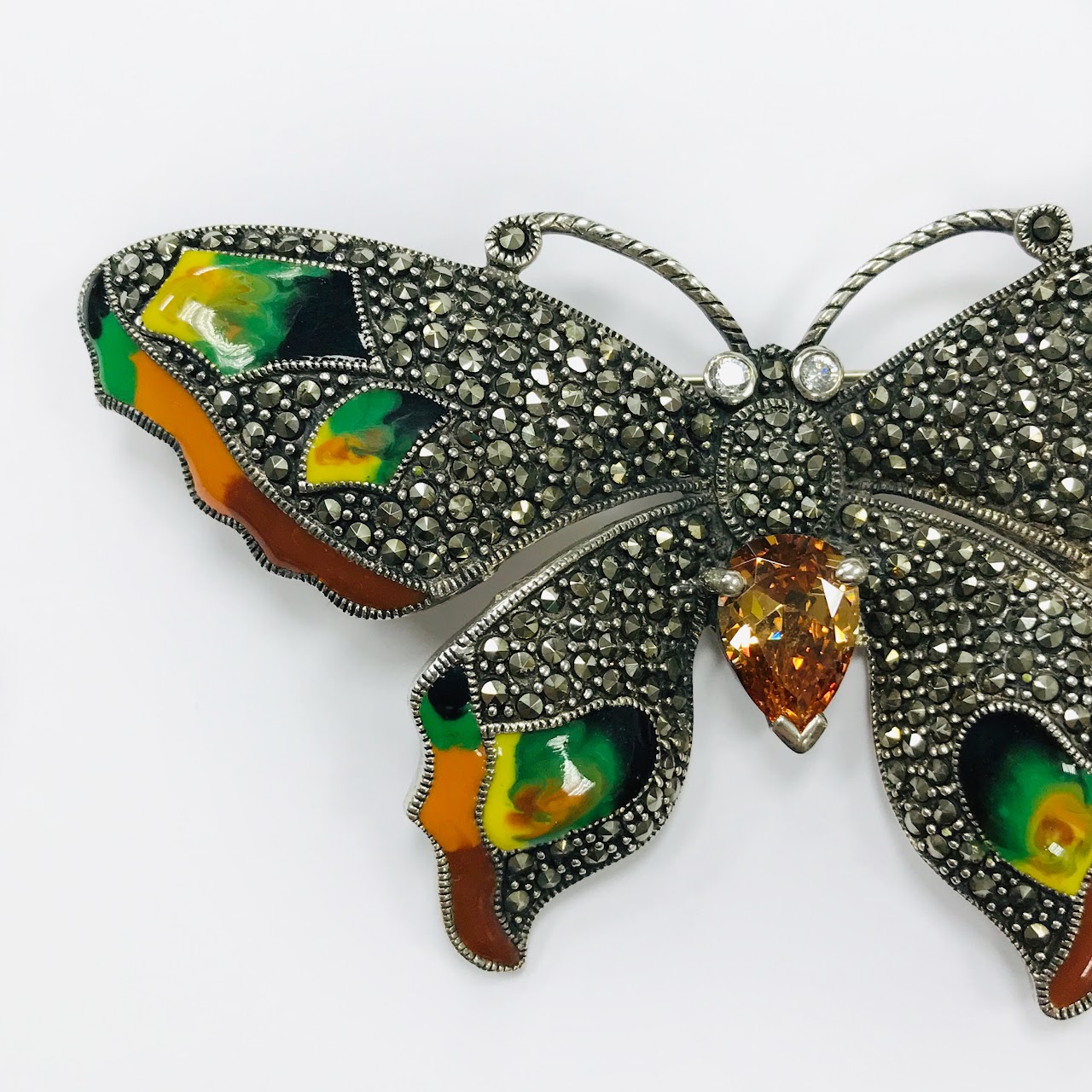 Sterling Silver, Enamel & Marcasite Large Butterfly Brooch