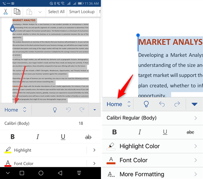 Appuyez sur Accueil dans Microsoft Word pour mobile