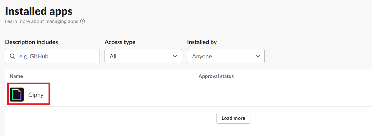 Klik op Giphy in de geïnstalleerde apps.  Hoe GIF's in Slack te verzenden