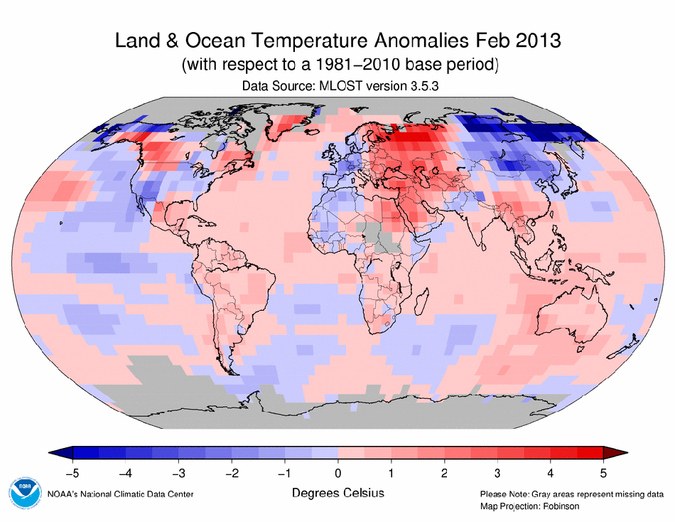 Informe climático de la Tierra. Febrero de 2013, el noveno más cálido de la historia