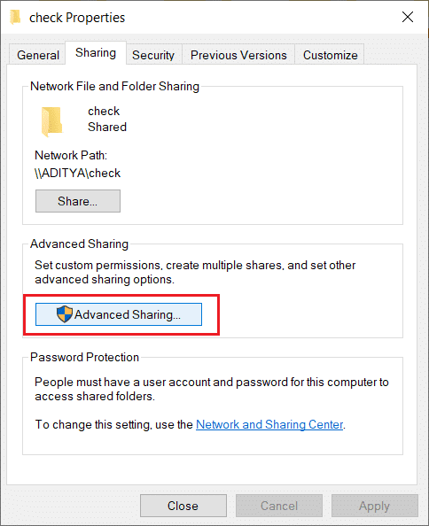 En el cuadro de diálogo, haga clic en el botón Uso compartido avanzado