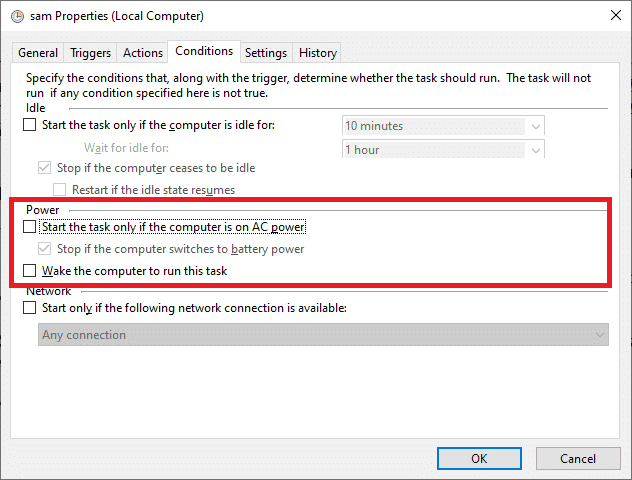 ไปที่แท็บเงื่อนไขแล้วยกเลิกการเลือก "เริ่มงานเฉพาะเมื่อคอมพิวเตอร์ใช้ไฟ AC"