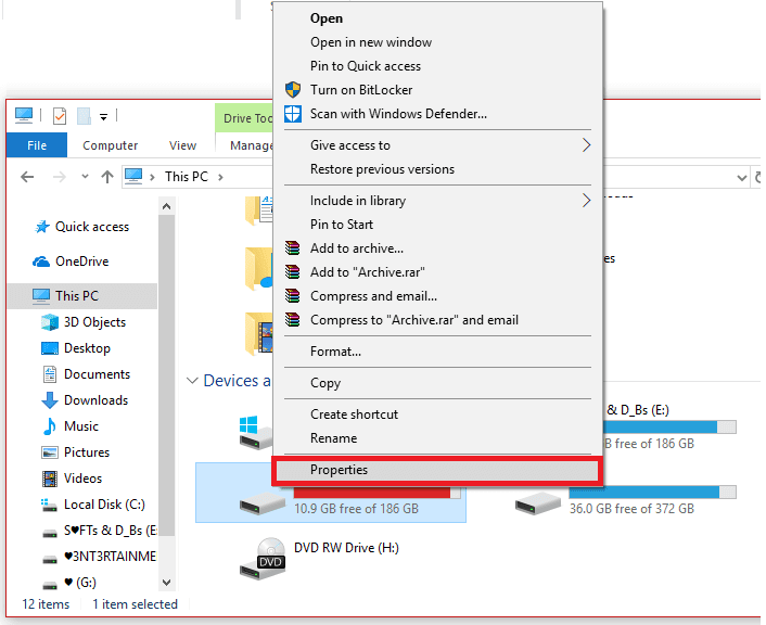 คลิกขวาที่ดิสก์ไดรฟ์เฉพาะที่คุณต้องการเรียกใช้ chkdsk & เลือก Properties