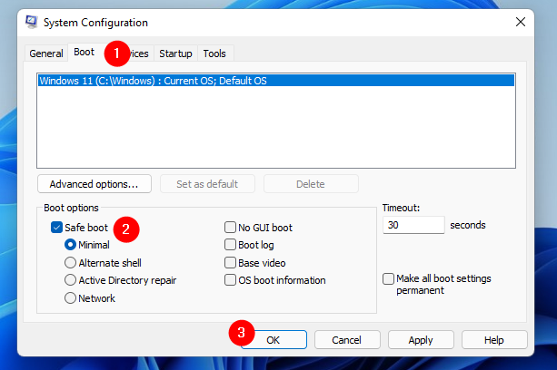 Démarrer en mode sans échec à l'aide de la configuration du système (msconfig)