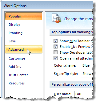 Seleccionar Avanzado en el cuadro de diálogo Opciones de Word