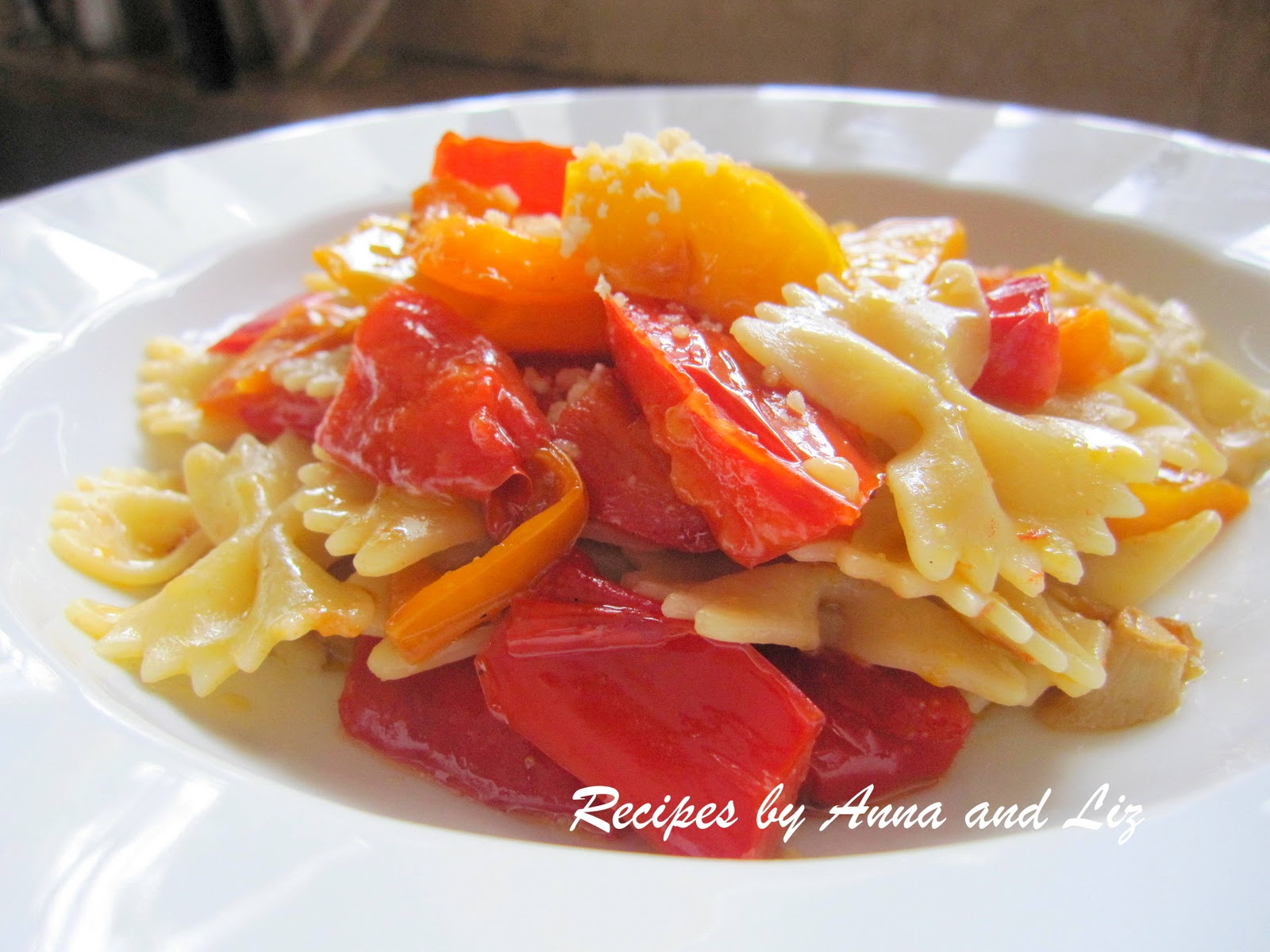 Bow Tie Pasta with Red, Yellow and Orange Peppers 2 Sisters Recipes