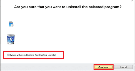 Marque la casilla junto a Crear un punto de restauración del sistema antes de la desinstalación y haga clic en Continuar.