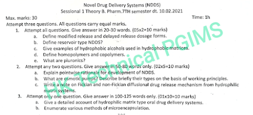 1st sess Novel Drug DS 7th Semester B.Pharmacy Previous Year's Question Paper,BP704T Novel Drug Delivery System,BPharmacy,BPharm 7th Semester,Previous Year's Question Papers,