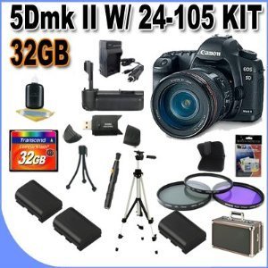 Canon EOS 5D Mark II 21.1MP Full Frame CMOS Digital SLR Camera with EF 24-105mm f/4 L IS USM Lens w/32GB CF Memory + Battery Grip + 3 Extra Extended Life Batteries + Ac/Dc Rapid Charger + USB Card Reader + Shock Proof Deluxe Hard Case + 3 Piece Filter Kit + Professional Full Size Tripod + Memory Card Wallet + Accessory Saver Bundle!