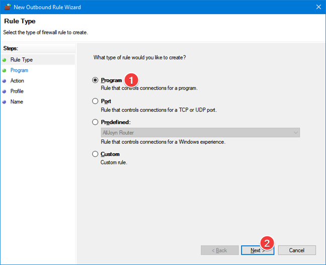 Seleccione Programa para el tipo de regla de firewall de salida